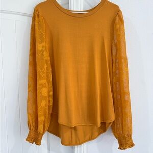 Cupio Mustard Blouse with Sheer Lace Sleeves